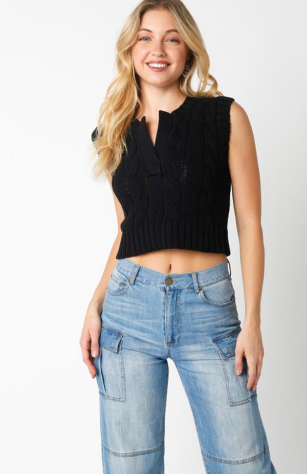 Olivaceous- Black Cable knit sweater vest