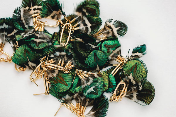 St Armands Designs of Sarasota - Mallard Fall Feather Tassel Statement Earrings