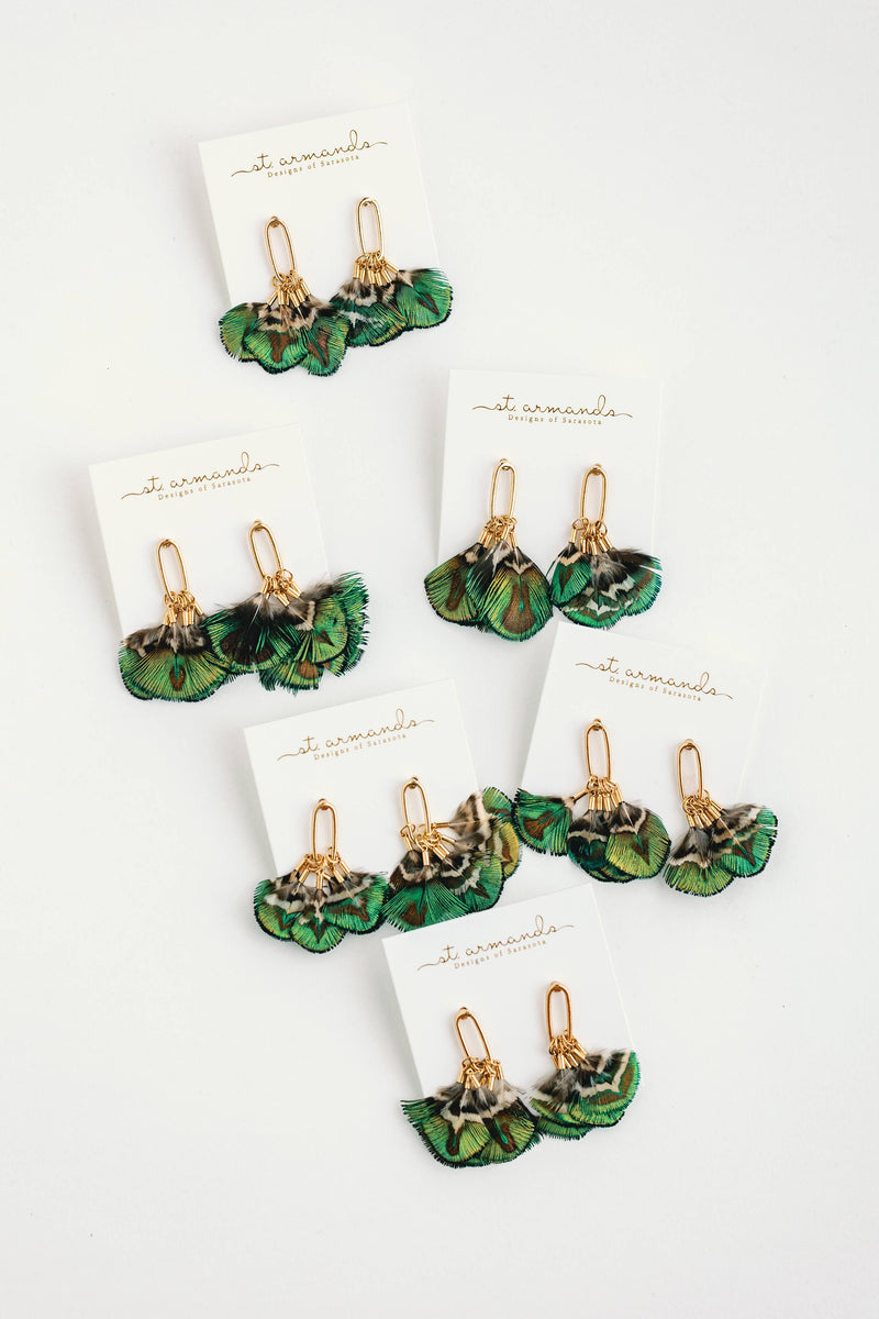 St Armands Designs of Sarasota - Mallard Fall Feather Tassel Statement Earrings