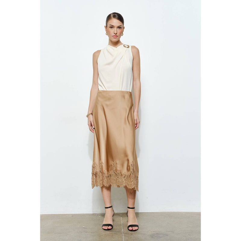 INA - Classic Silky with Lace Hem Midi Skirt: WINE