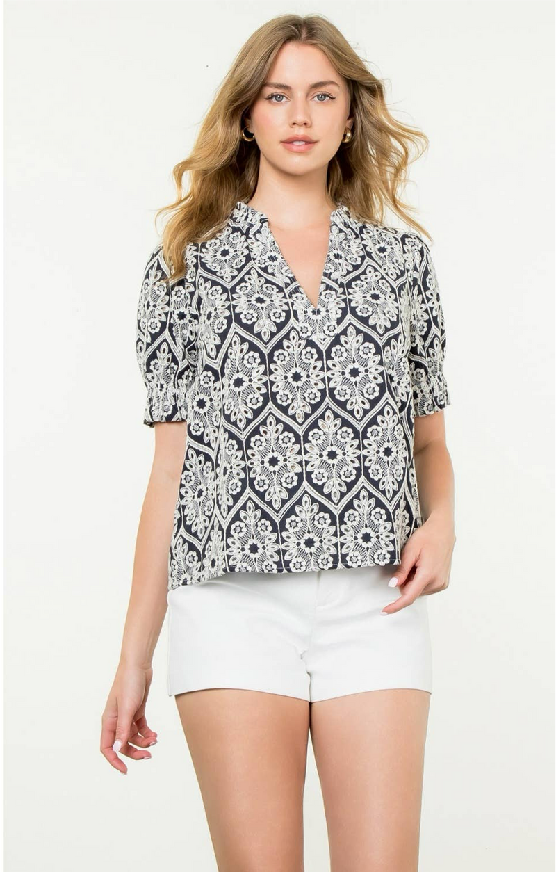 THML - Short Sleeve Eyelet Detail Top: NAVY / XS-S-M-L(1-2-2-1)