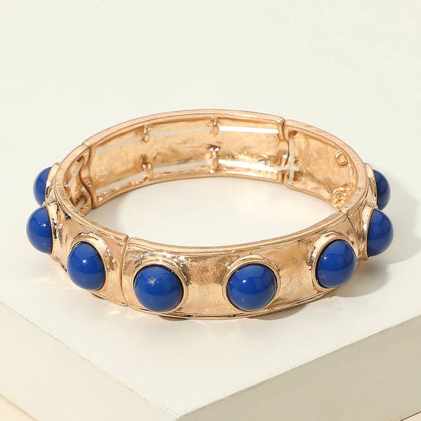 Sensibling Corp: Bead Pearl Embellished Hammered Metal Stretch Bracelet in Blue