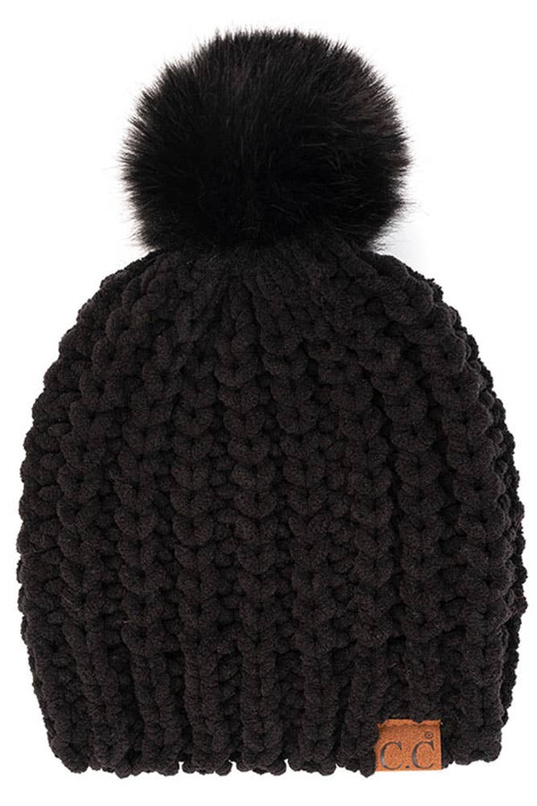 Hana: C.C Chenille Chunky Knit Pom Pom Beanie Hat in Black