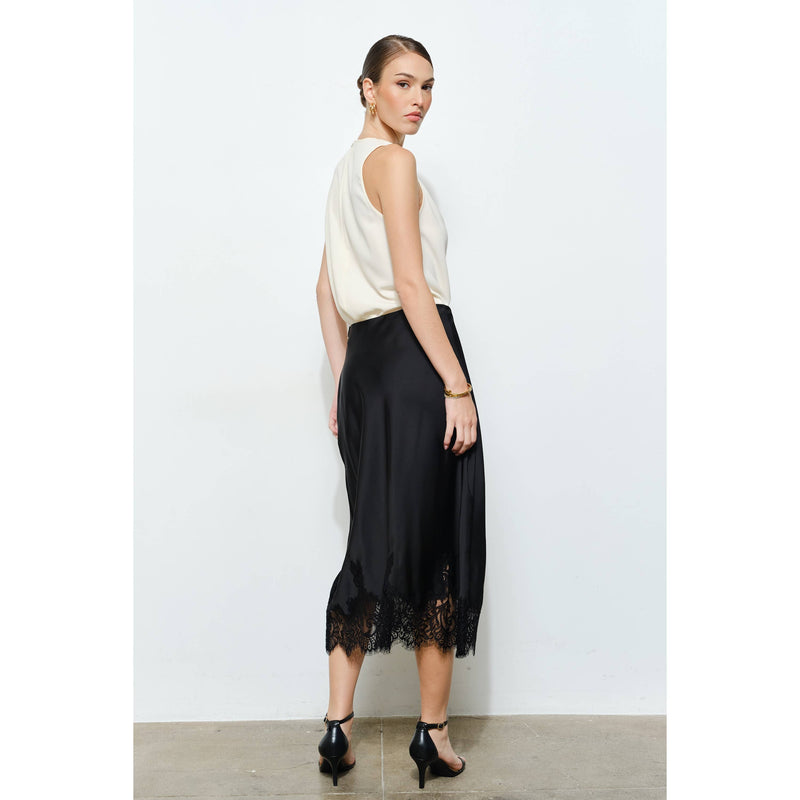 INA - Classic Silky with Lace Hem Midi Skirt: WINE