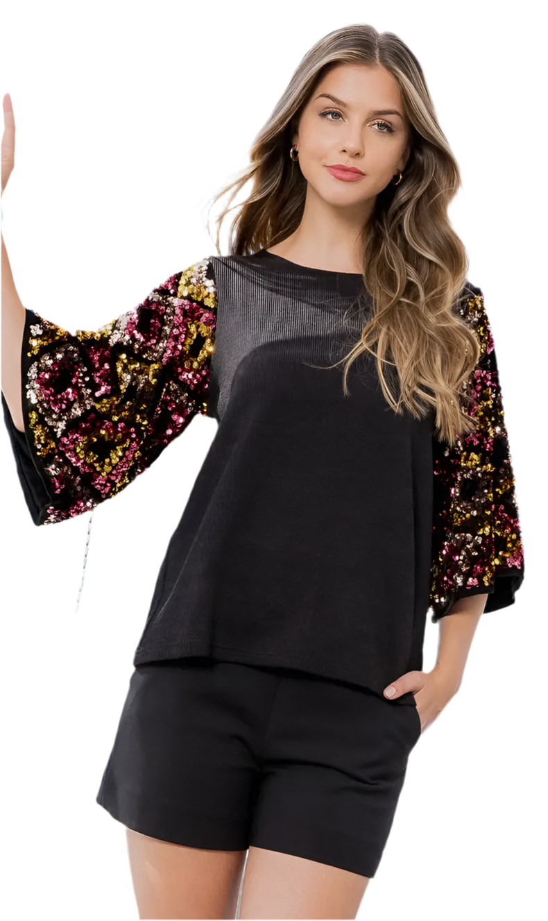 THML-BLACK KNIT PARTY TOP WITH MULTI-COLOR SLEEVE