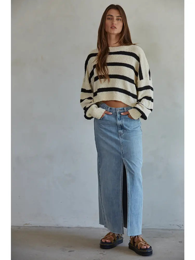By Together: Striped Crewneck Knit Sweater in Natural & Black