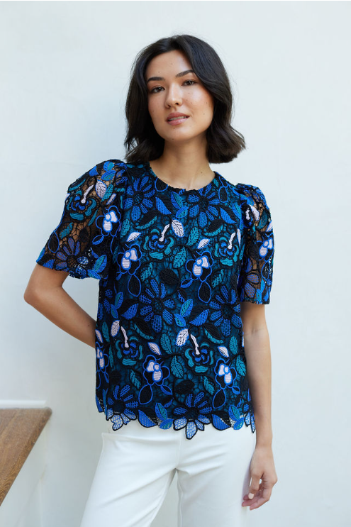 Abbey Glass - Marty Top Blue Daisy Floral Lace: