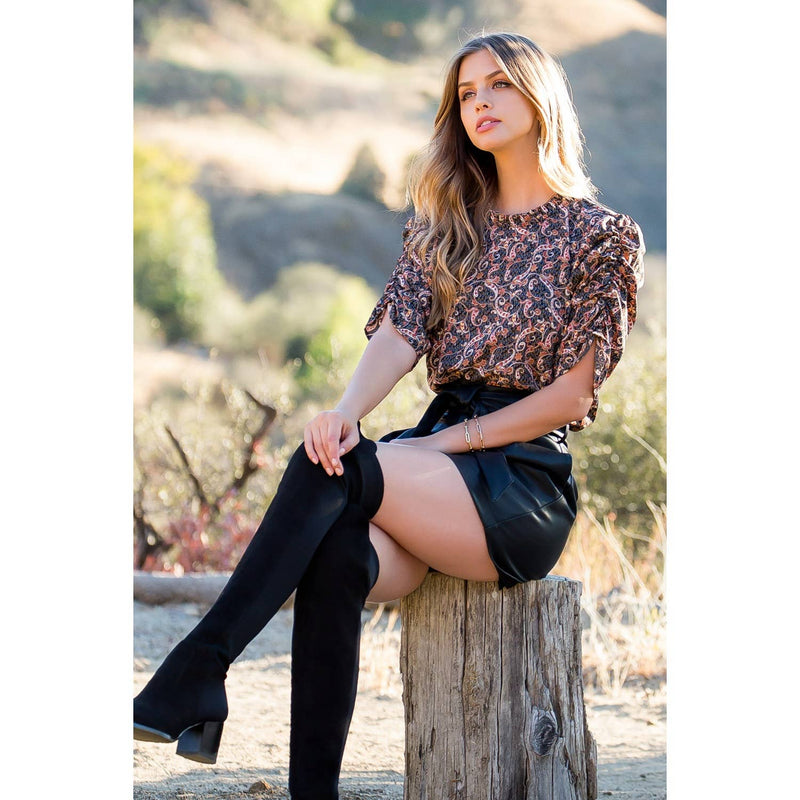 THML: Paisley Flower Print Ruched Sleeve Blouse