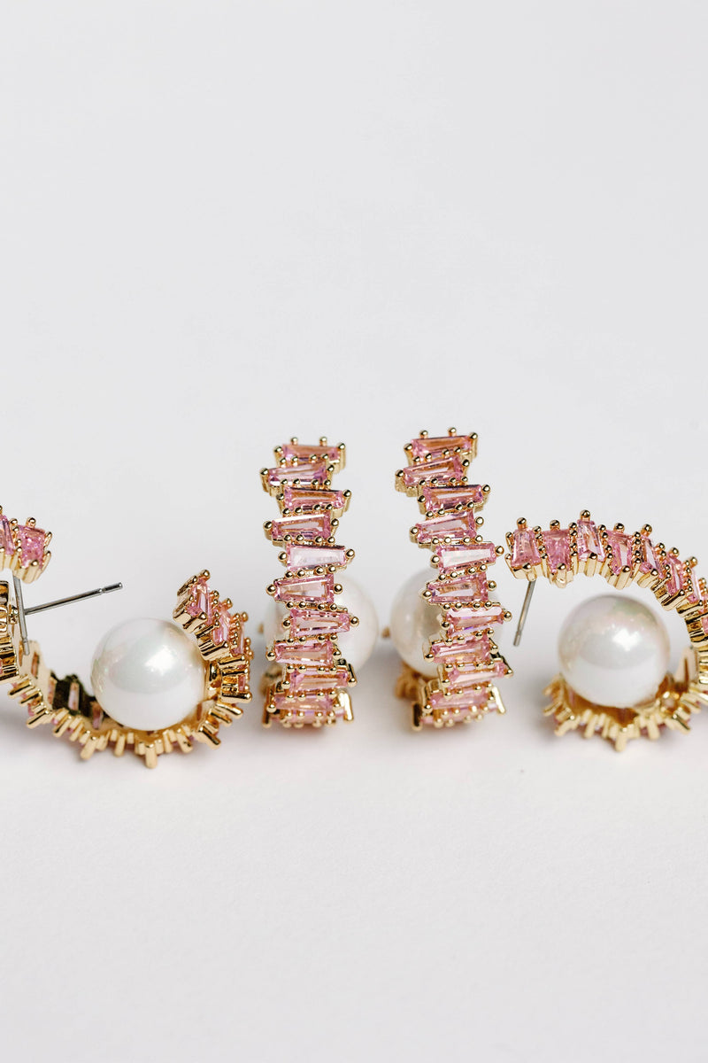 St Armands Designs of Sarasota - Pink Rhinestone and Pearl Statement Hoop Earrings