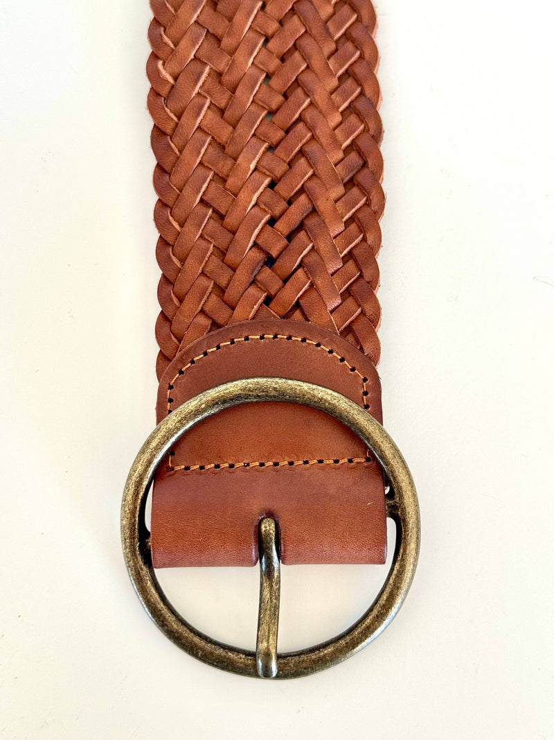 Ginger Blue - Classic Wide Braided Leather Belt in Cognac