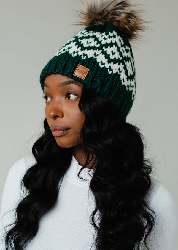 Panache Apparel Co. - Dark Teal & White Patterned Pom Hat