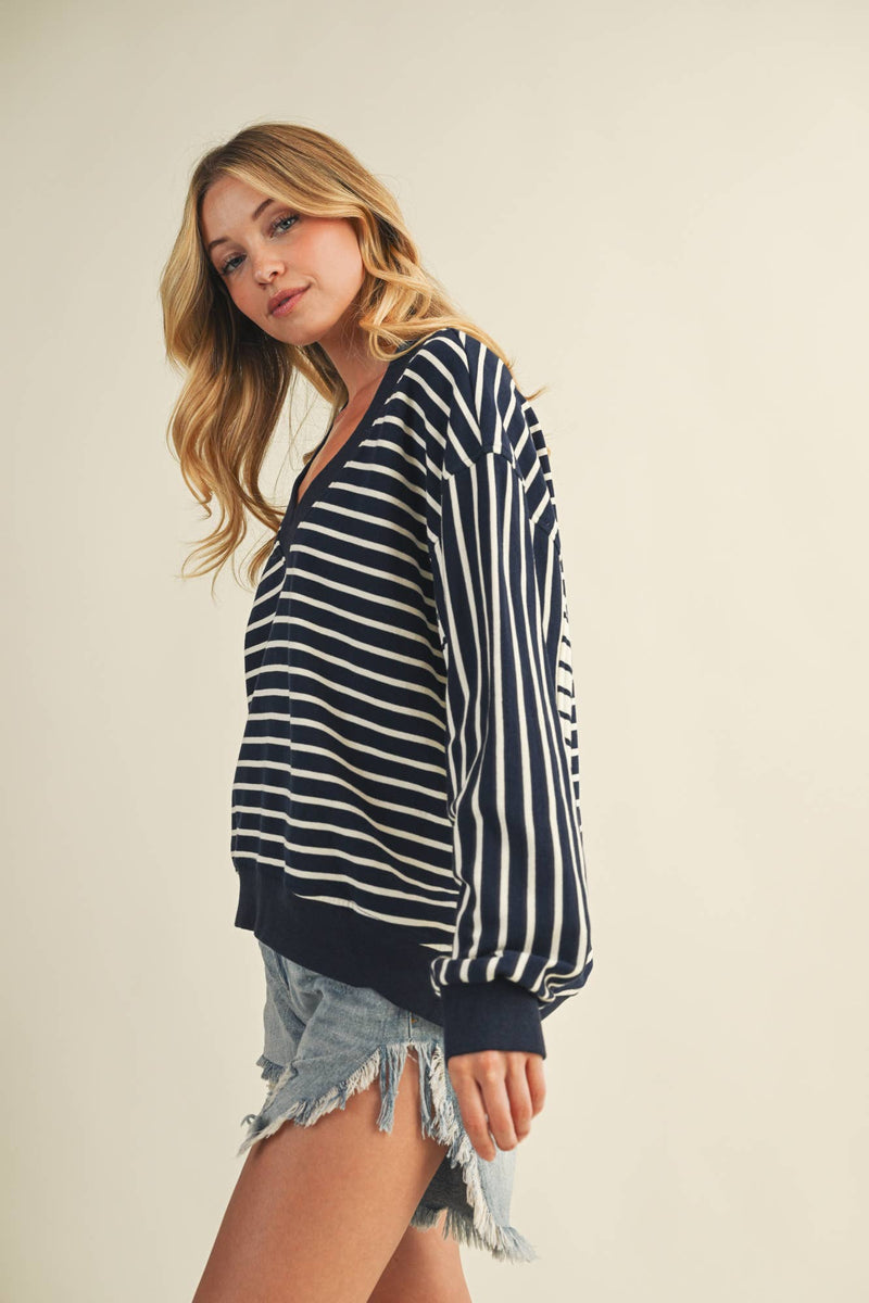 Mustard Seed: Autumn Tide Stripe V-Neck Pullover in Navy and Cream