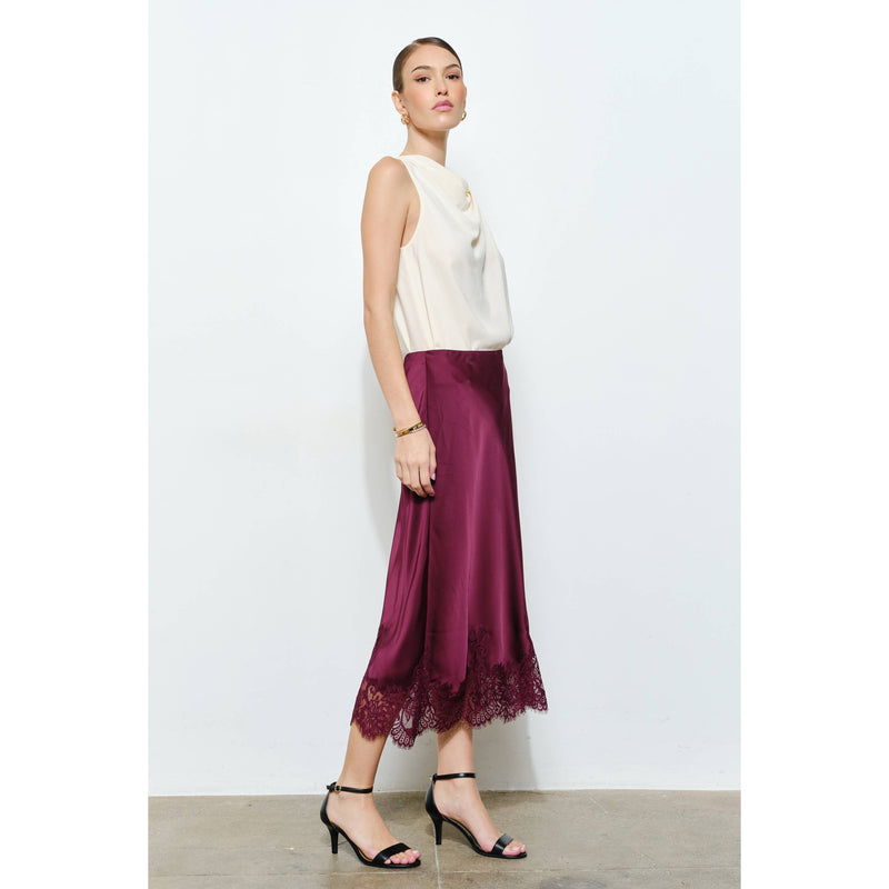 INA - Classic Silky with Lace Hem Midi Skirt: WINE