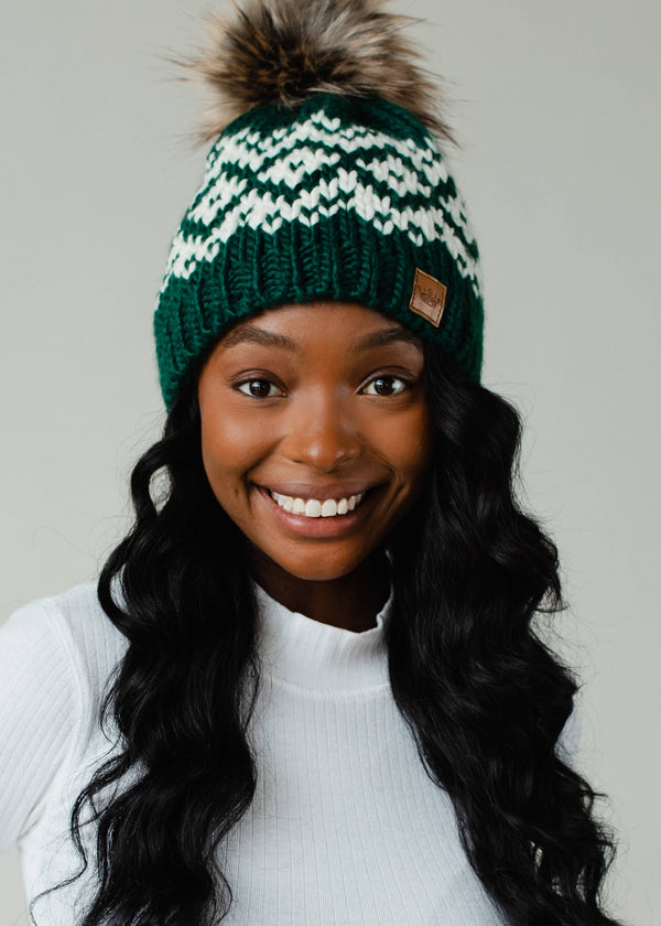 Panache Apparel Co. - Dark Teal & White Patterned Pom Hat