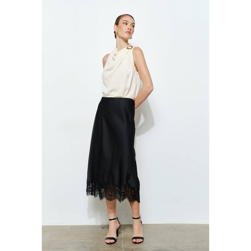 INA - Classic Silky with Lace Hem Midi Skirt: WINE