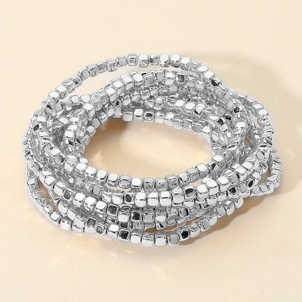 Sensibling Corp: Metallic Beaded Stretch Multi Layered Bracelets in Silver