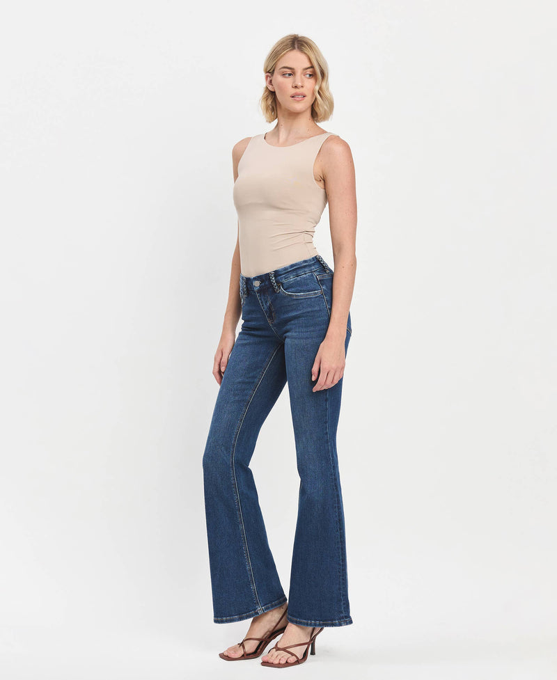 FLYING MONKEY - LOW RISE BRAIDED BELT LOOP FLARE DARK WASH JEANS