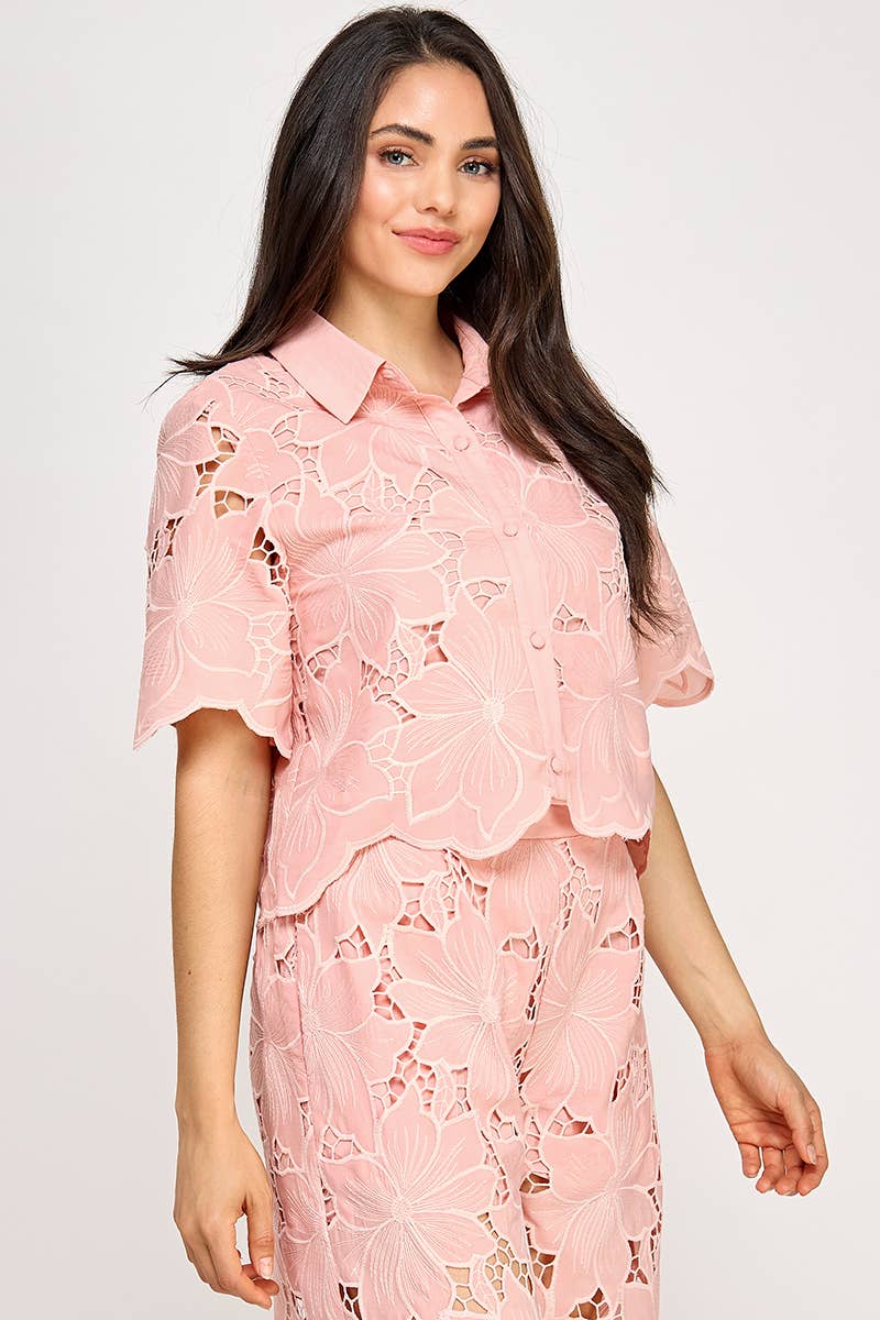 Ellison Floral Lace Blouse: Blush
