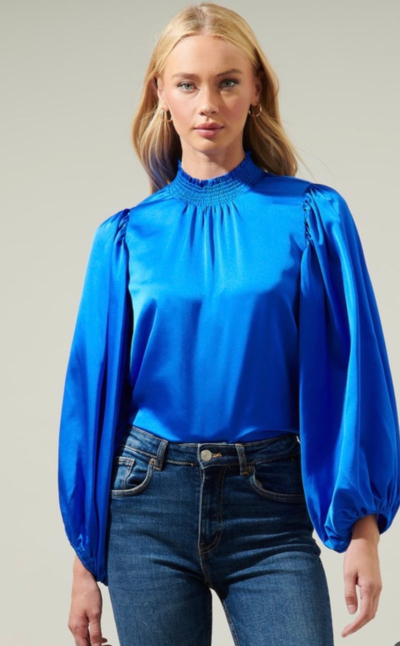 SUGARLIPS-High neck satin blue blouse
