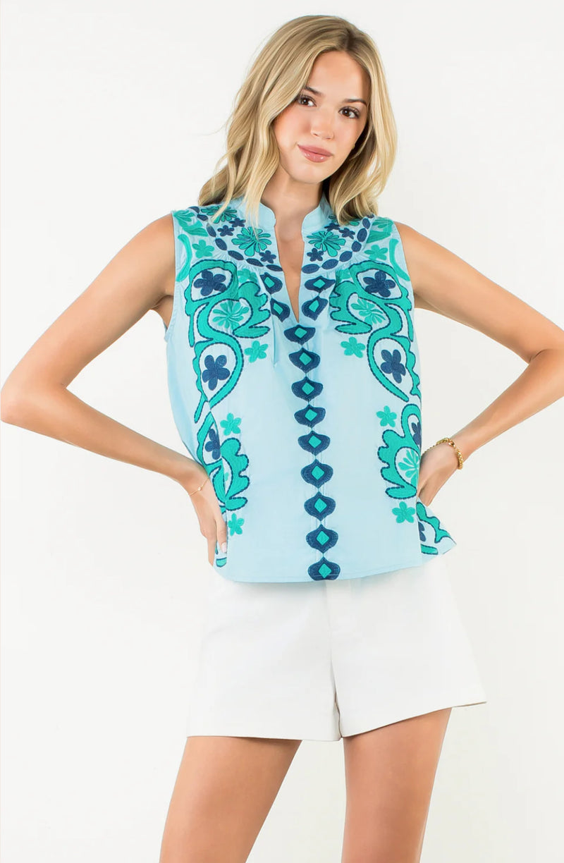 THML-Embroidered Sleeveless Top Sky Blue