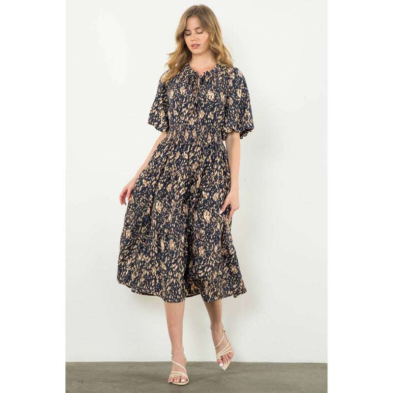 THML - Puff Sleeve Print Tiered Maxi Dress: NAVY