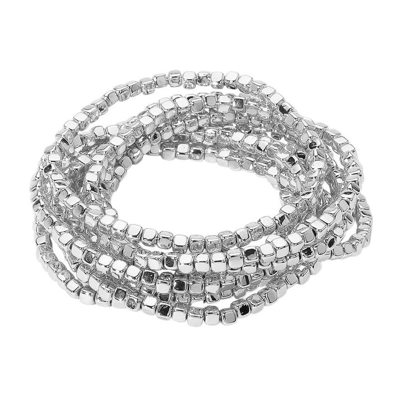 Sensibling Corp: Metallic Beaded Stretch Multi Layered Bracelets in Silver