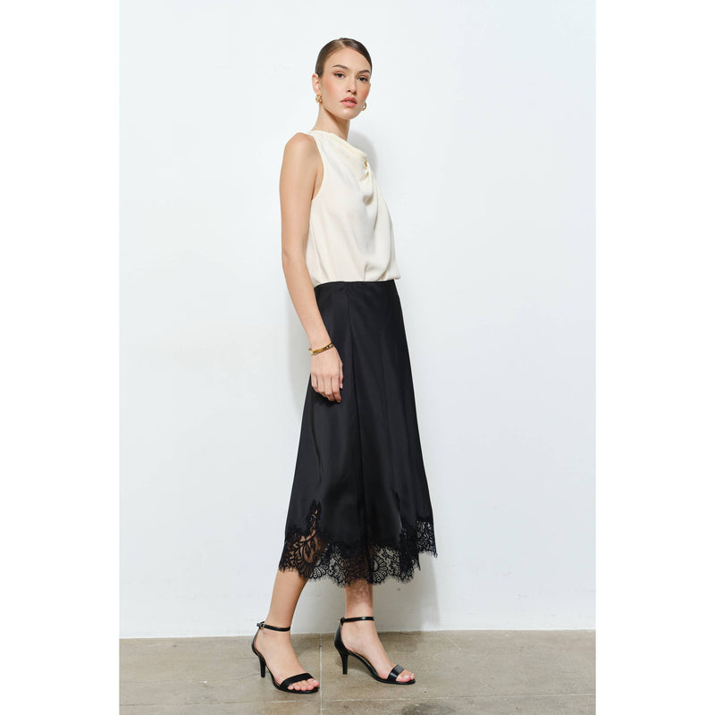 INA - Classic Silky with Lace Hem Midi Skirt: WINE