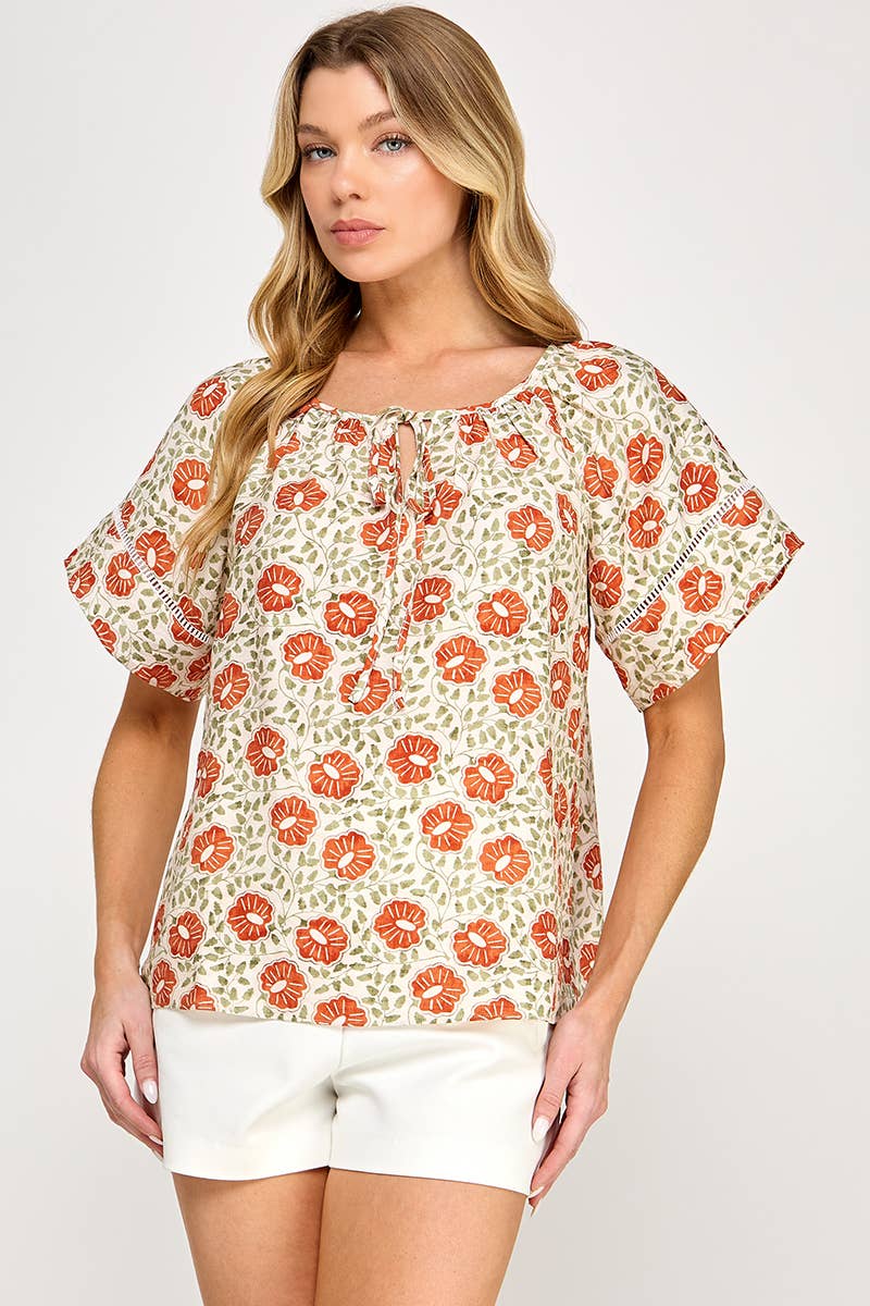 Ellison Round Neck Peasant Blouse: Cream
