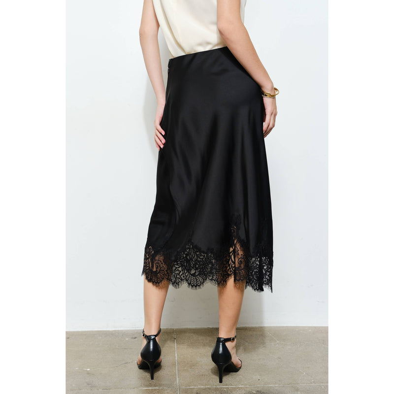INA - Classic Silky with Lace Hem Midi Skirt: WINE