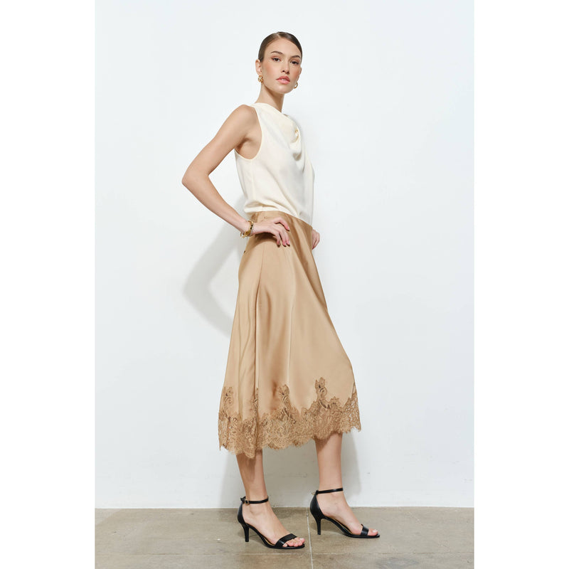 INA - Classic Silky with Lace Hem Midi Skirt: WINE