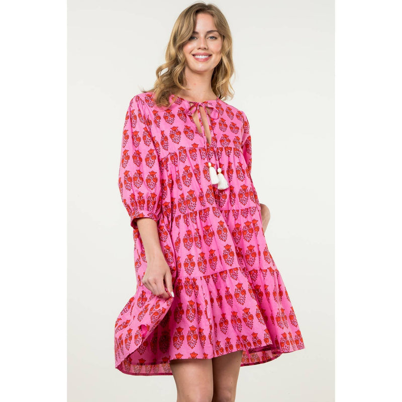 THML - 3/4  Sleeve Pink Flower Print Dress