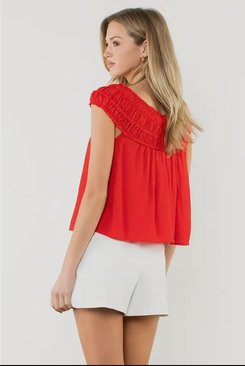 THM: Selma Shirred Round Neck Blouse in Red