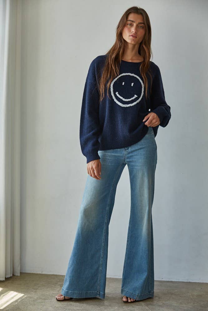 By Together: Knit Sweater Smiley Face in Light Blue