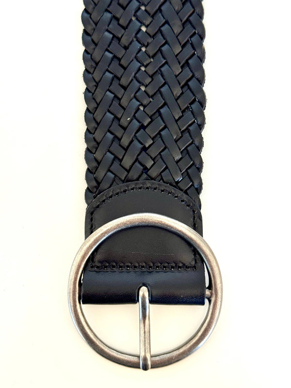 Ginger Blue - Classic Wide Braided Leather Belt in Black