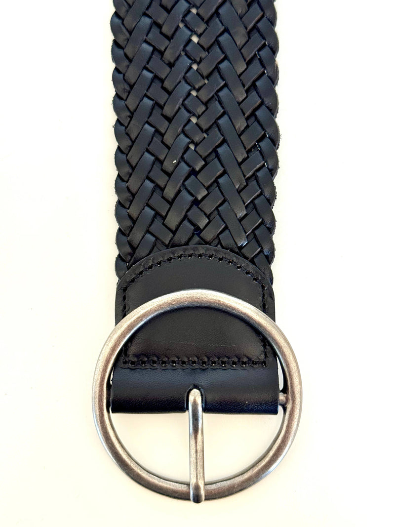 Ginger Blue - Classic Wide Braided Leather Belt in Black