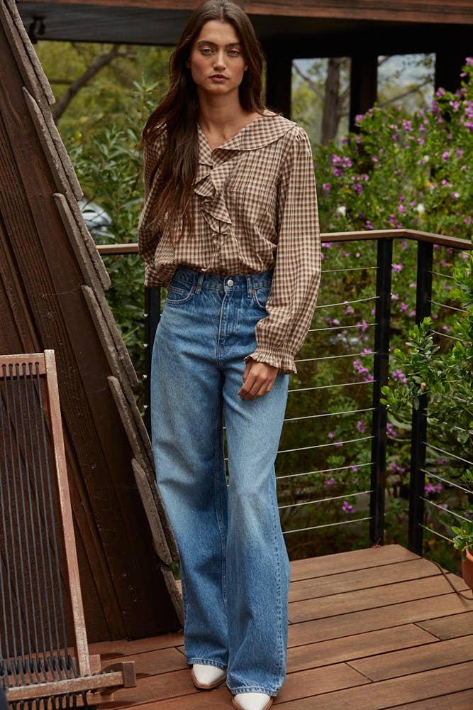 By Together: Woven Cotton Gingham Ruffled Blouse
