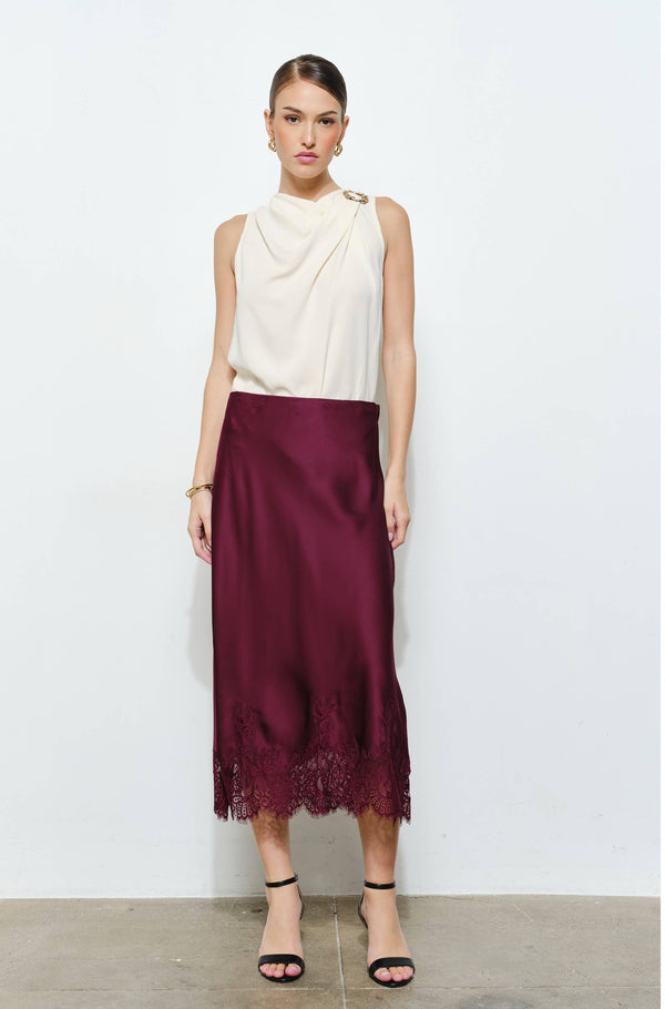 INA - Classic Silky with Lace Hem Midi Skirt: WINE