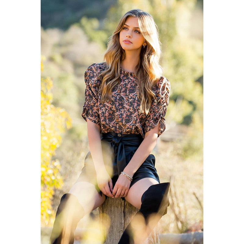THML: Paisley Flower Print Ruched Sleeve Blouse