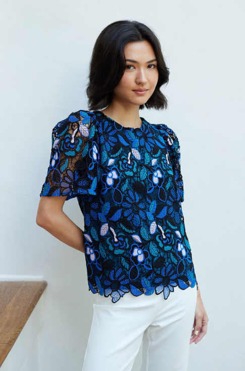 Abbey Glass - Marty Top Blue Daisy Floral Lace: