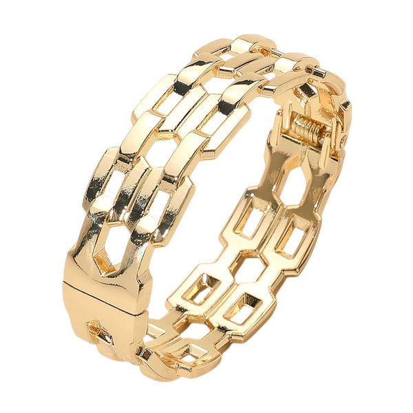 Sensibling Corp: Chunky Flat Link Chain Hinged Bangle Bracelet in Gold