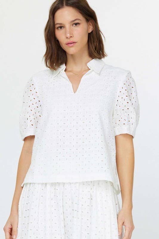 Current Air Eyelet Short Sleeve Blouse: White