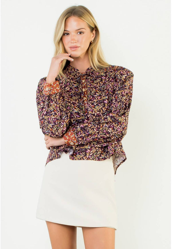 THML:  Leaf Print Band Collar Long Sleeve Blouse