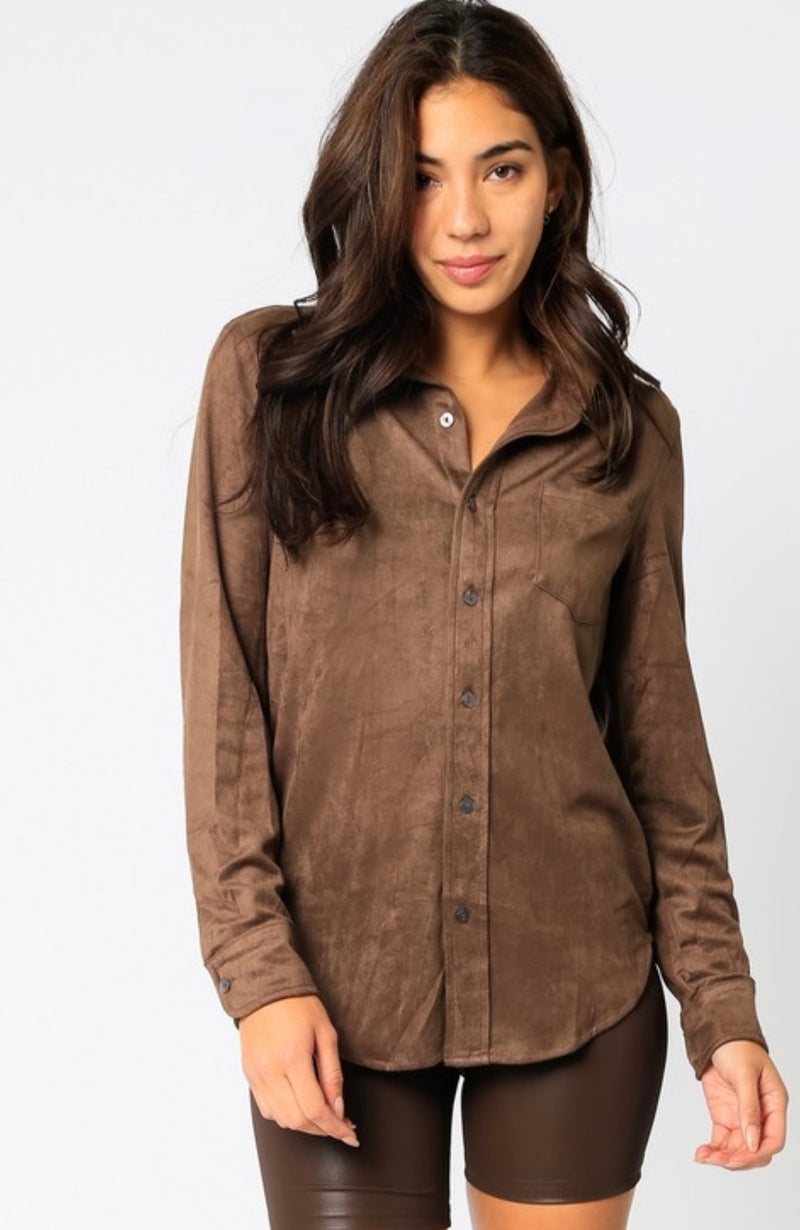 OLIVACEOUS brown faux suede blouse