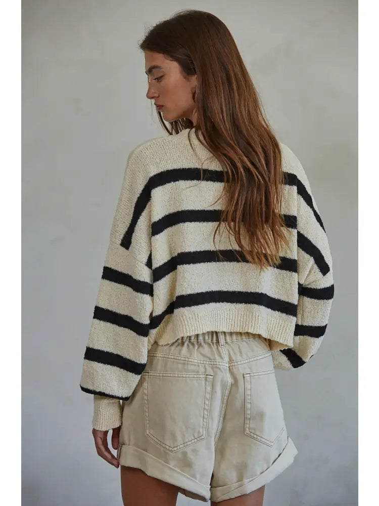 By Together: Striped Crewneck Knit Sweater in Natural & Black