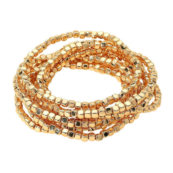 Sensibling Corp: Metallic Beaded Stretch Multi Layered Bracelets in Gold