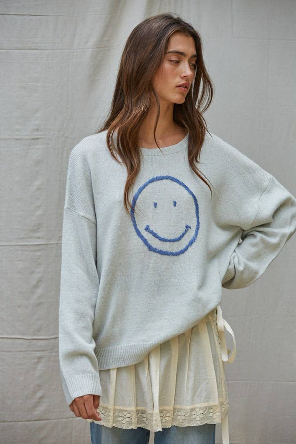 By Together: Knit Sweater Smiley Face in Light Blue