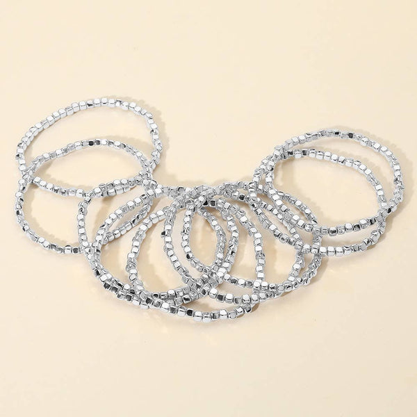 Sensibling Corp: Metallic Beaded Stretch Multi Layered Bracelets in Silver