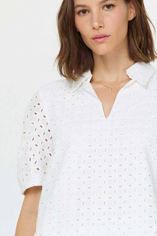 Current Air Eyelet Short Sleeve Blouse: White