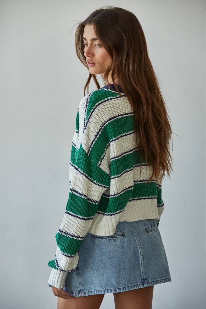 By Together:  Striped Crew Neck Sweater in Cream & Green