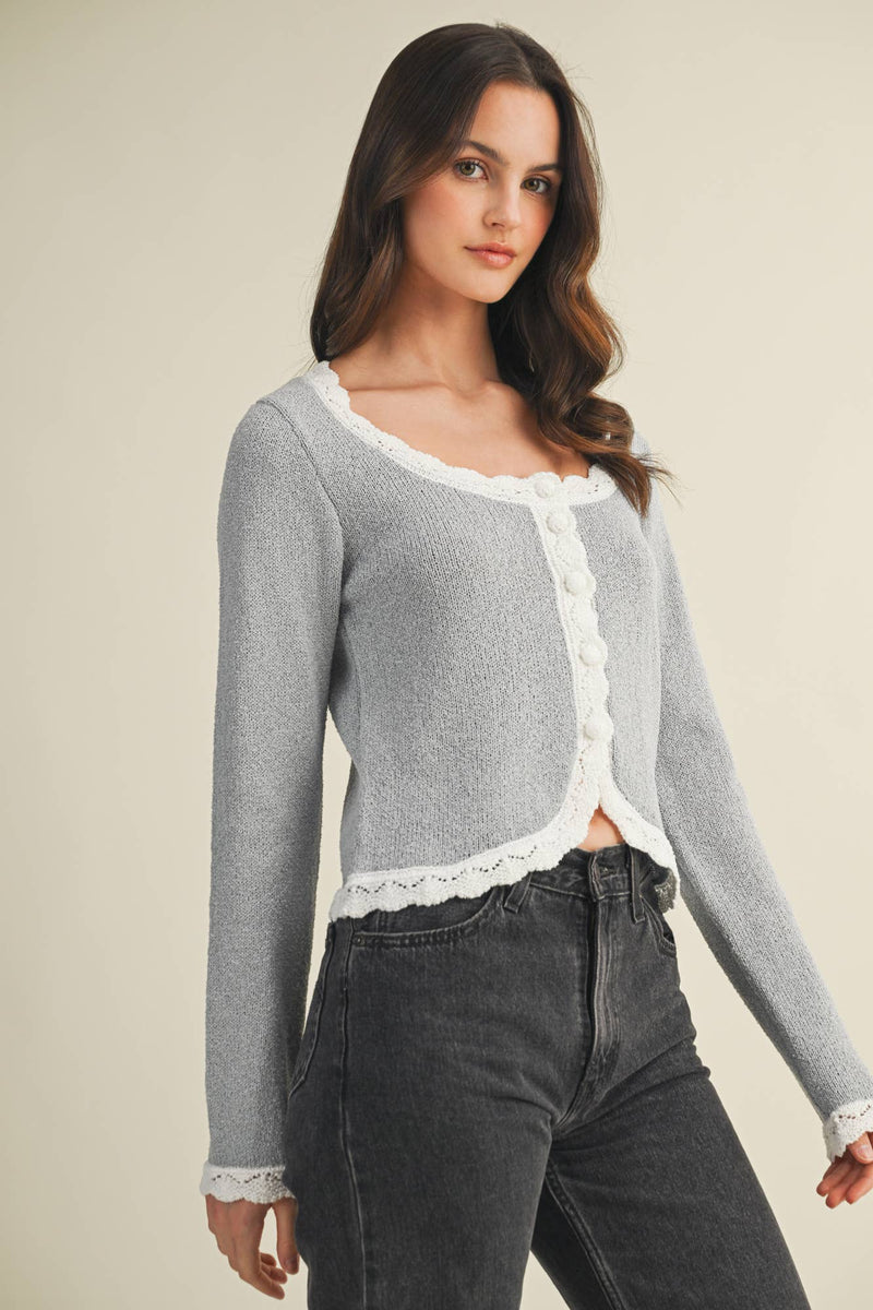 Mustard Seed: Scoop Neck, Scalloped Edge Cardigan
